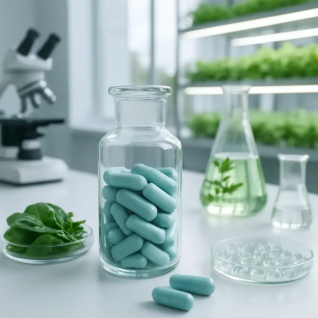 A glass jar filled with blue capsules sits on a lab table with green leaves, glassware containing liquid and plants, and a microscope in the background. The setting suggests a scientific or pharmaceutical laboratory.